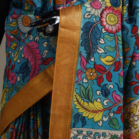 Srikalahasti Handpainted Natural Dyed Bangalore Silk Zari Border Pen Kalamkari Saree 04