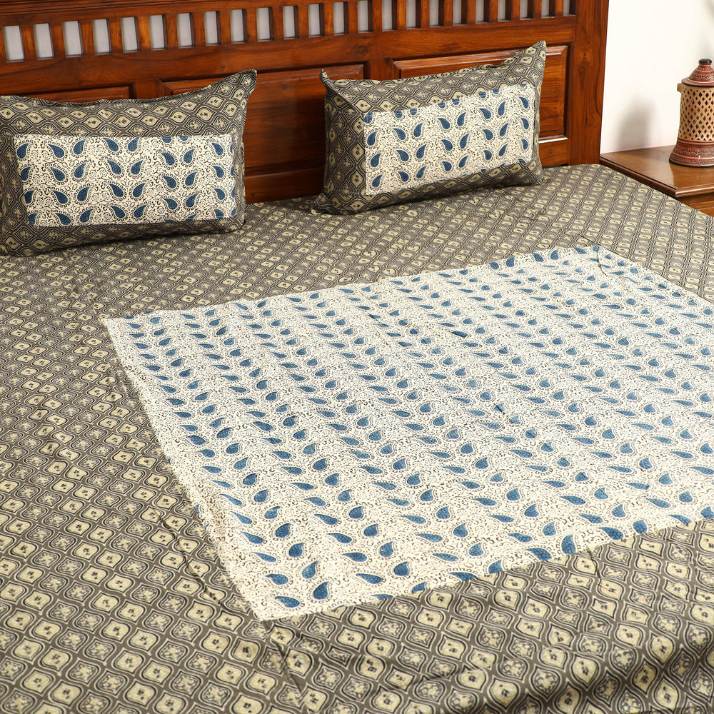 Brown - Ajrakh Block Printed Patchwork Cotton Double Bed Cover with Pillow Covers (108 x 90 In)