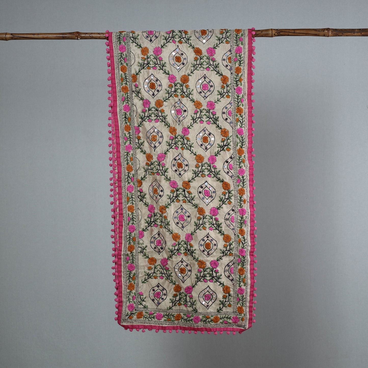 Pink - Ranihati Chanderi Silk Phulkari Embroidered Stole 125