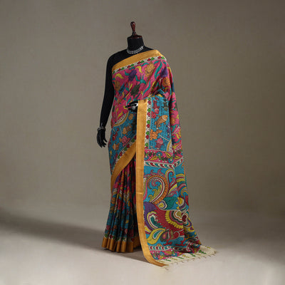 Srikalahasti Handpainted Natural Dyed Bangalore Silk Zari Border Pen Kalamkari Saree 05