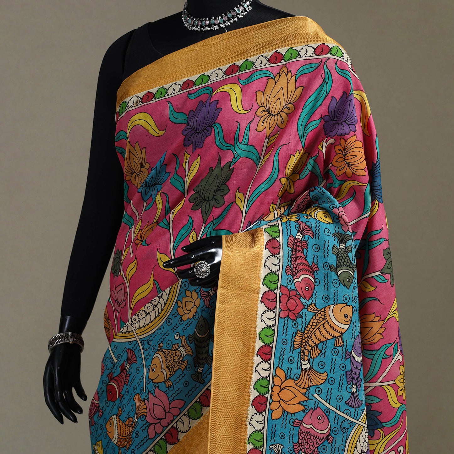 Srikalahasti Handpainted Natural Dyed Bangalore Silk Zari Border Pen Kalamkari Saree 05