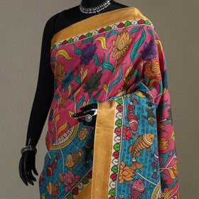 Srikalahasti Handpainted Natural Dyed Bangalore Silk Zari Border Pen Kalamkari Saree 05