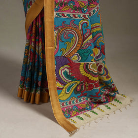 Srikalahasti Handpainted Natural Dyed Bangalore Silk Zari Border Pen Kalamkari Saree 05