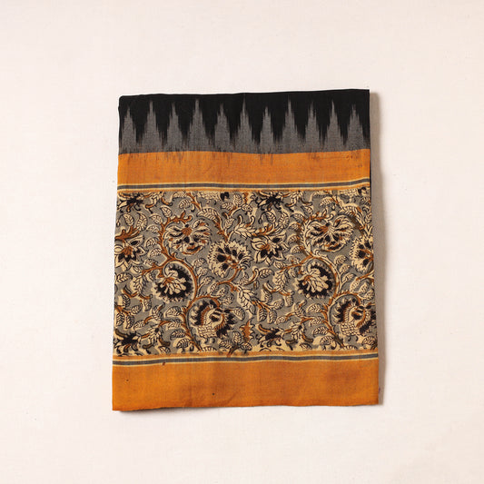 Black - Pochampally Ikat Handloom Cotton Precut Fabric with Kalamkari Block Printed Border (1.5 Meter)