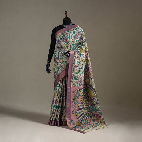 Srikalahasti Handpainted Natural Dyed Bangalore Silk Zari Border Pen Kalamkari Saree 06