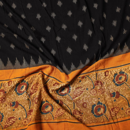 Black - Pochampally Ikat Handloom Cotton Precut Fabric with Kalamkari Block Printed Border (1.5 Meter)