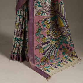 Srikalahasti Handpainted Natural Dyed Bangalore Silk Zari Border Pen Kalamkari Saree 06