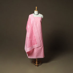 Pink - Barmer Applique Cutwork Cotton 3pc Unstitched Dress Material Suit Set 14