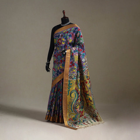 Srikalahasti Handpainted Natural Dyed Bangalore Silk Zari Border Pen Kalamkari Saree 07