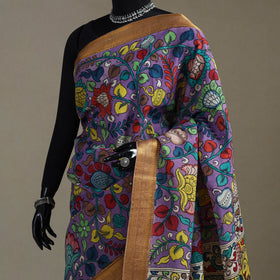 Srikalahasti Handpainted Natural Dyed Bangalore Silk Zari Border Pen Kalamkari Saree 07