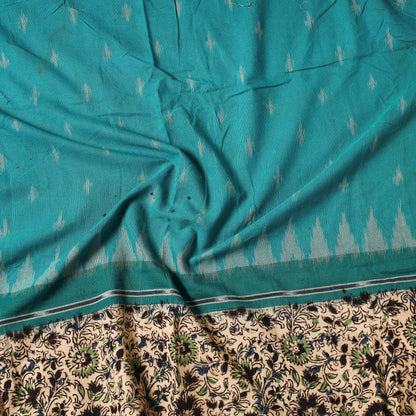 Green - Pochampally Ikat Handloom Cotton Precut Fabric with Kalamkari Block Printed Border (1 Meter)