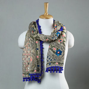 Blue - Ranihati Chapa Work Phulkari Embroidery Chanderi Silk Stole with Pom Pom 145