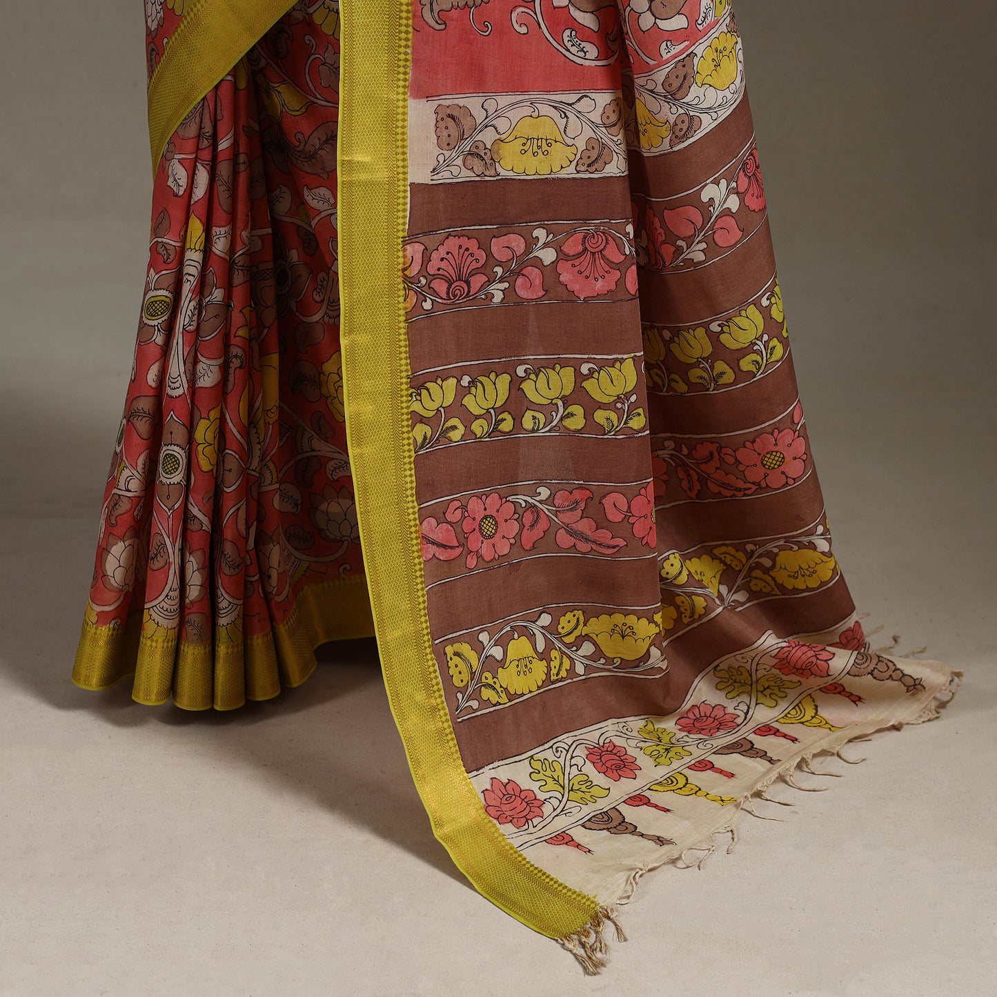 Srikalahasti Handpainted Natural Dyed Bangalore Silk Zari Border Pen Kalamkari Saree 08