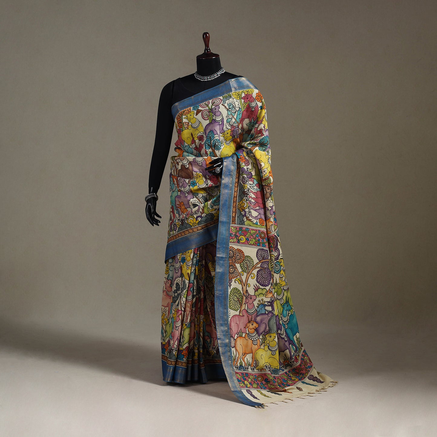 Srikalahasti Handpainted Natural Dyed Bangalore Silk Zari Border Pen Kalamkari Saree 10