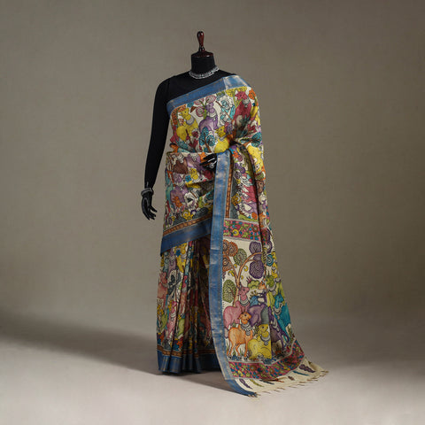 Srikalahasti Handpainted Natural Dyed Bangalore Silk Zari Border Pen Kalamkari Saree 10