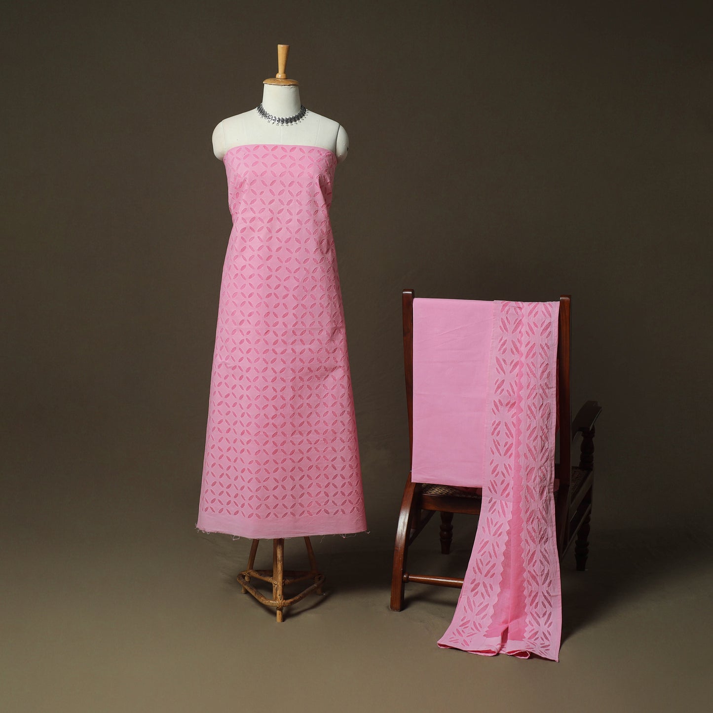 Pink - Barmer Applique Cutwork Cotton 3pc Unstitched Dress Material Suit Set 17