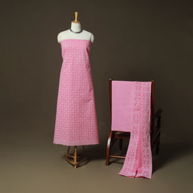 Pink - Barmer Applique Cutwork Cotton 3pc Unstitched Dress Material Suit Set 17