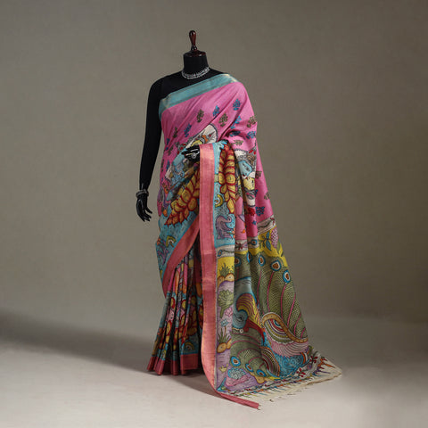 Srikalahasti Handpainted Natural Dyed Bangalore Silk Zari Border Pen Kalamkari Saree 11