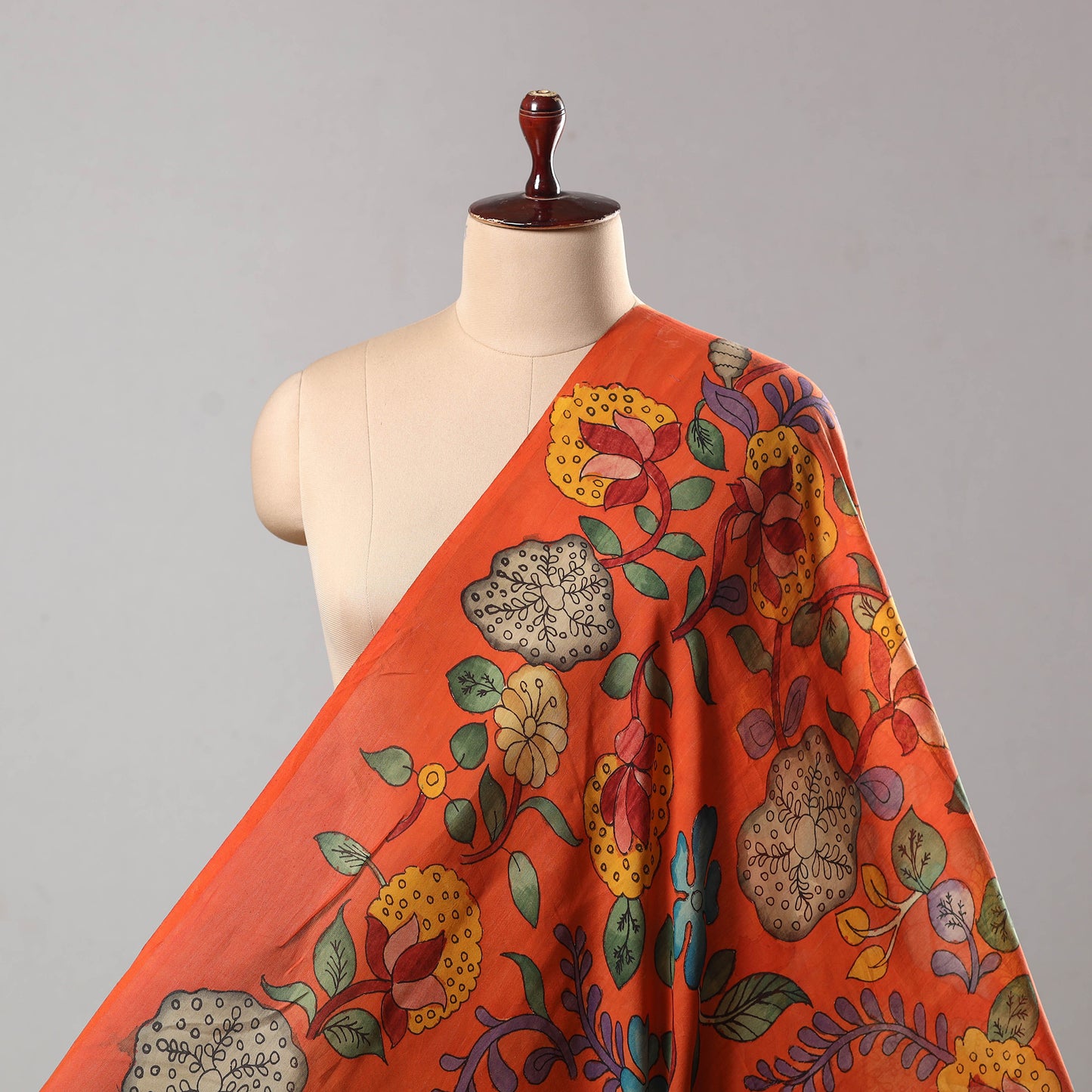 Orange - Chanderi Silk Srikalahasti Handpainted Pen Kalamkari Fabric 01