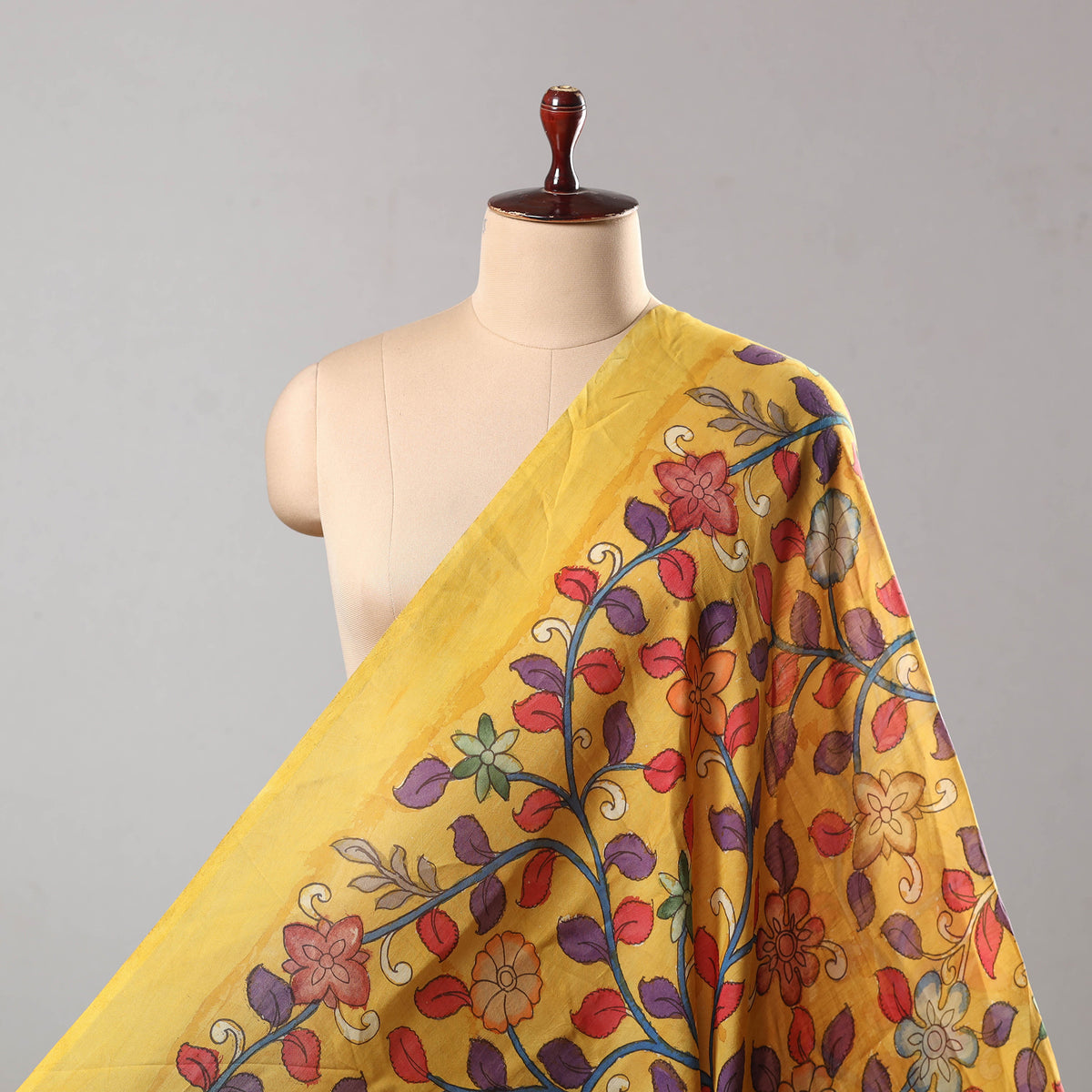 Yellow - Chanderi Silk Srikalahasti Handpainted Pen Kalamkari Fabric 04