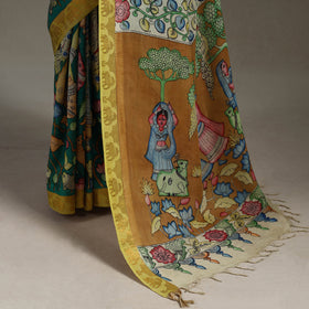 Srikalahasti Handpainted Natural Dyed Bangalore Silk Zari Border Pen Kalamkari Saree 12