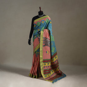 Srikalahasti Handpainted Natural Dyed Bangalore Silk Zari Border Pen Kalamkari Saree 13