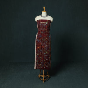 Maroon - Bengal Kantha Work Cotton Unstitched Batik Print Kurta Material (2.5m) 07
