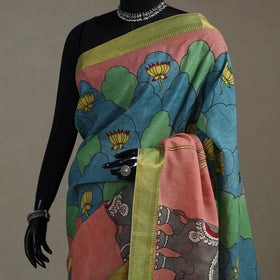 Srikalahasti Handpainted Natural Dyed Bangalore Silk Zari Border Pen Kalamkari Saree 13