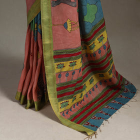 Srikalahasti Handpainted Natural Dyed Bangalore Silk Zari Border Pen Kalamkari Saree 13