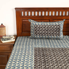 Blue - Kalamkari Block Printed Patchwork Cotton Double Bed Cover With Pillow Covers (108 x 90 in)