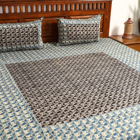 Blue - Kalamkari Block Printed Patchwork Cotton Double Bed Cover With Pillow Covers (108 x 90 in)