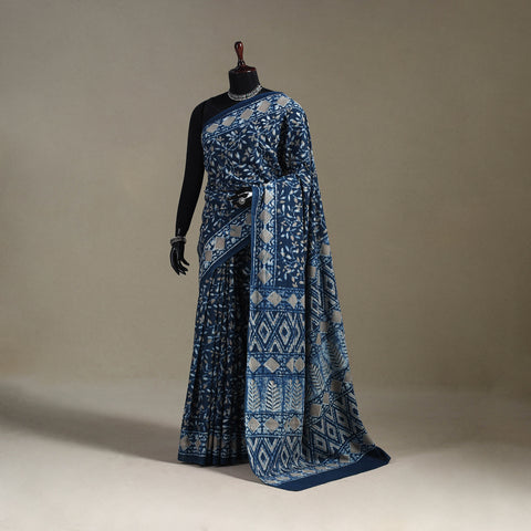 Blue - Natural Dyed Block Print Cotton Pipad Saree 13