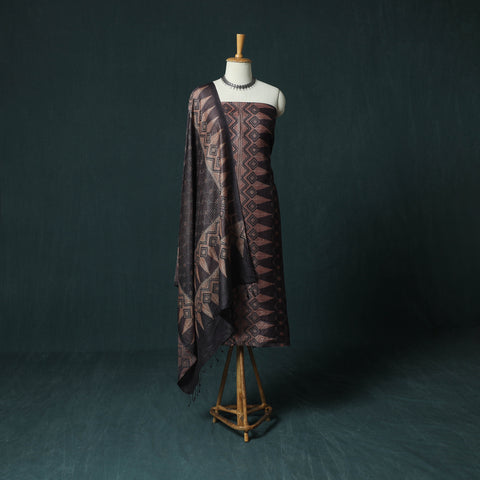Brown - 2pc Ajrakh Hand Block Print Handloom Tussar Silk Natural Dyed Unstitched Dress Material Kurta Set 01