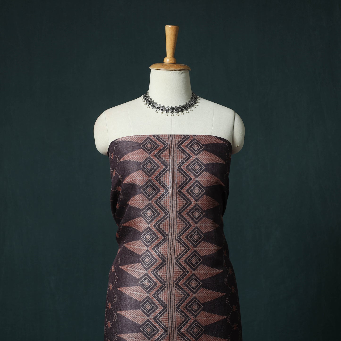 Brown - 2pc Ajrakh Hand Block Print Handloom Tussar Silk Natural Dyed Unstitched Dress Material Kurta Set 01