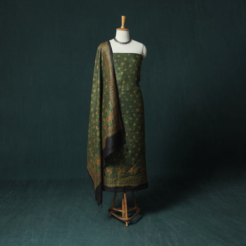 Green - 2pc Ajrakh Hand Block Print Handloom Tussar Silk Natural Dyed Unstitched Dress Material Kurta Set 02