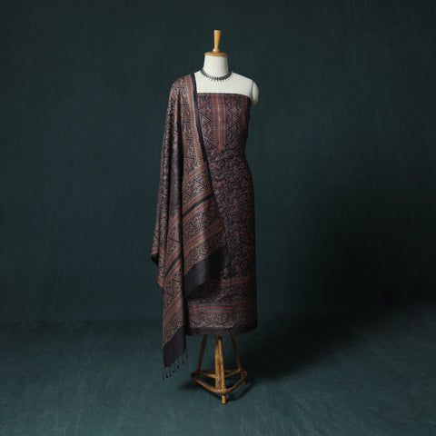 Brown - 2pc Ajrakh Hand Block Print Handloom Tussar Silk Natural Dyed Unstitched Dress Material Kurta Set 03