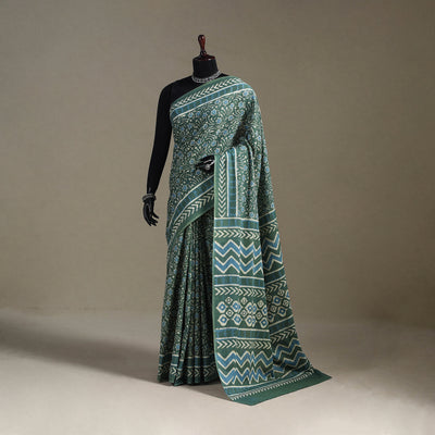 Green - Natural Dyed Block Print Cotton Pipad Saree 10