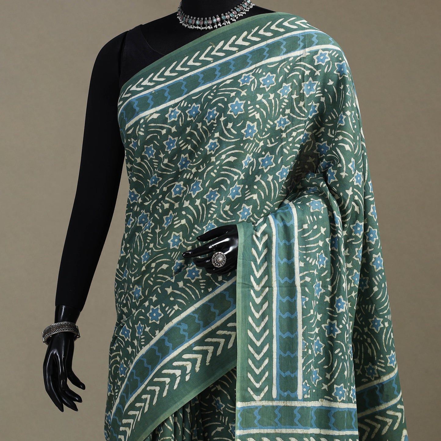 Green - Natural Dyed Block Print Cotton Pipad Saree 10