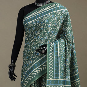 Green - Natural Dyed Block Print Cotton Pipad Saree 10