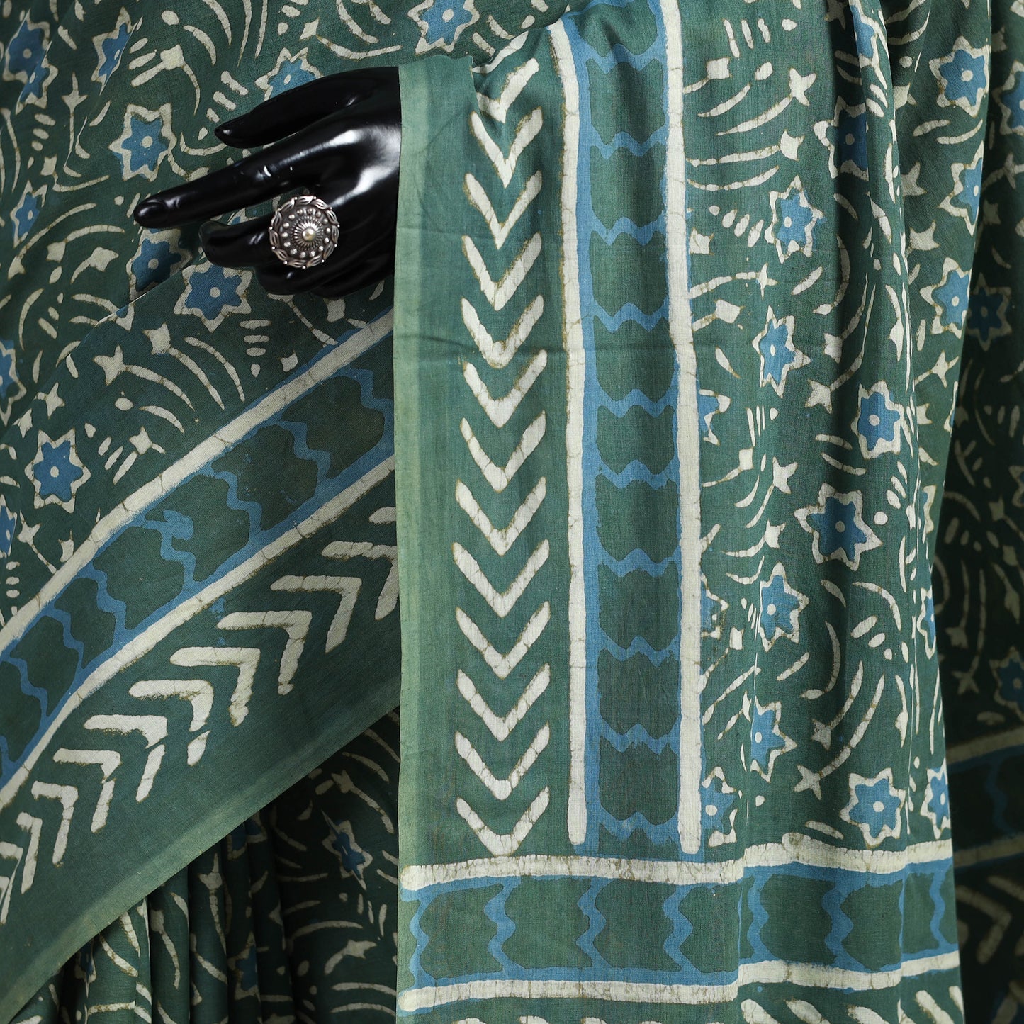 Green - Natural Dyed Block Print Cotton Pipad Saree 10