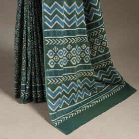 Green - Natural Dyed Block Print Cotton Pipad Saree 10