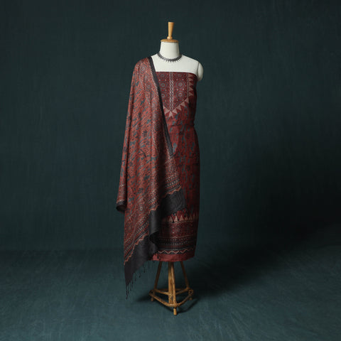 Red - 2pc Ajrakh Hand Block Print Handloom Tussar Silk Natural Dyed Unstitched Dress Material Kurta Set 04
