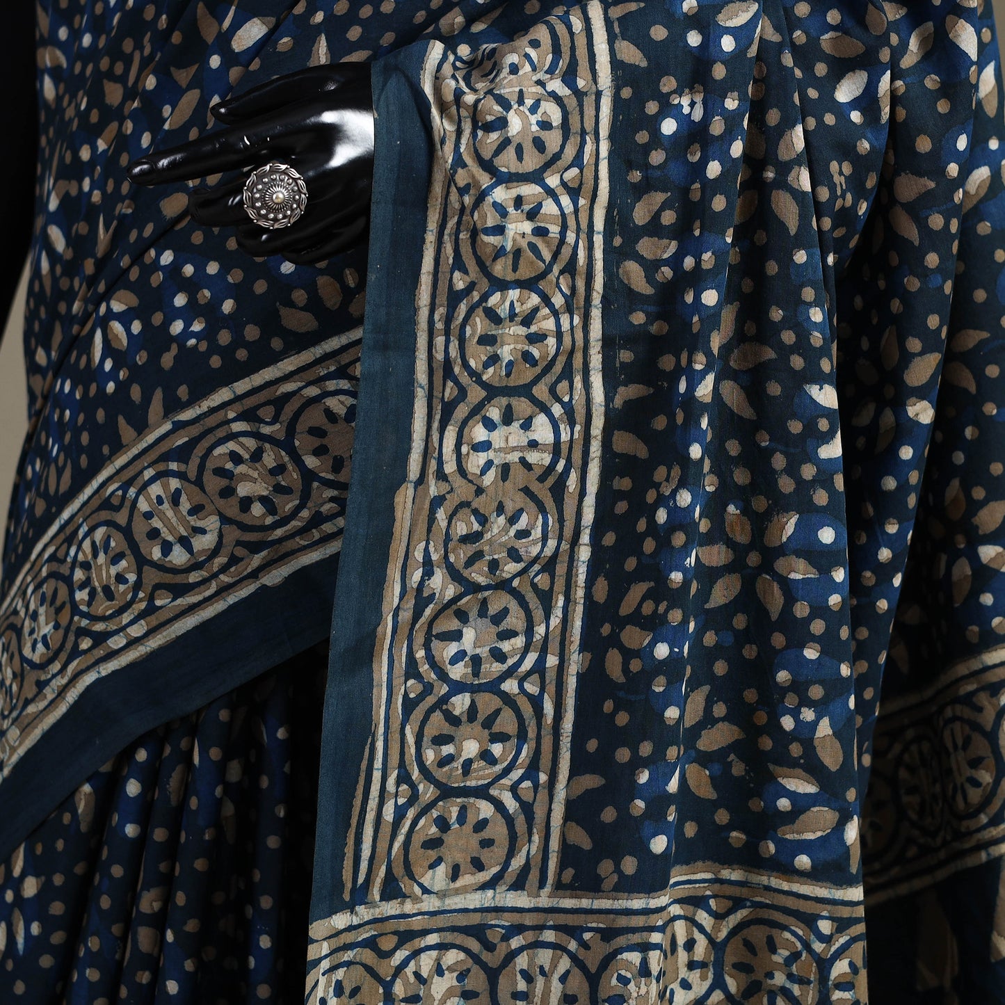 Blue - Natural Dyed Block Print Cotton Pipad Saree 01