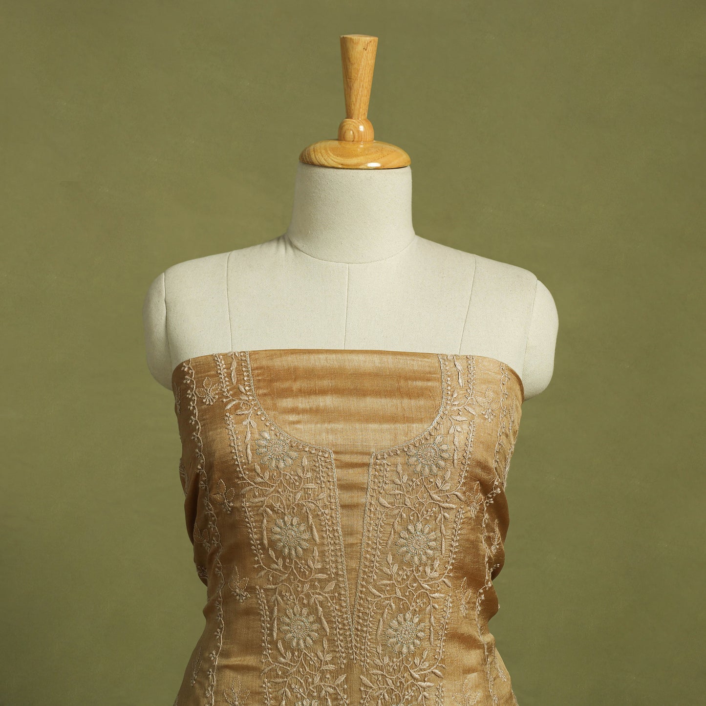 Brown Hand Embroidery Tussar Silk Chikankari Kurta Material