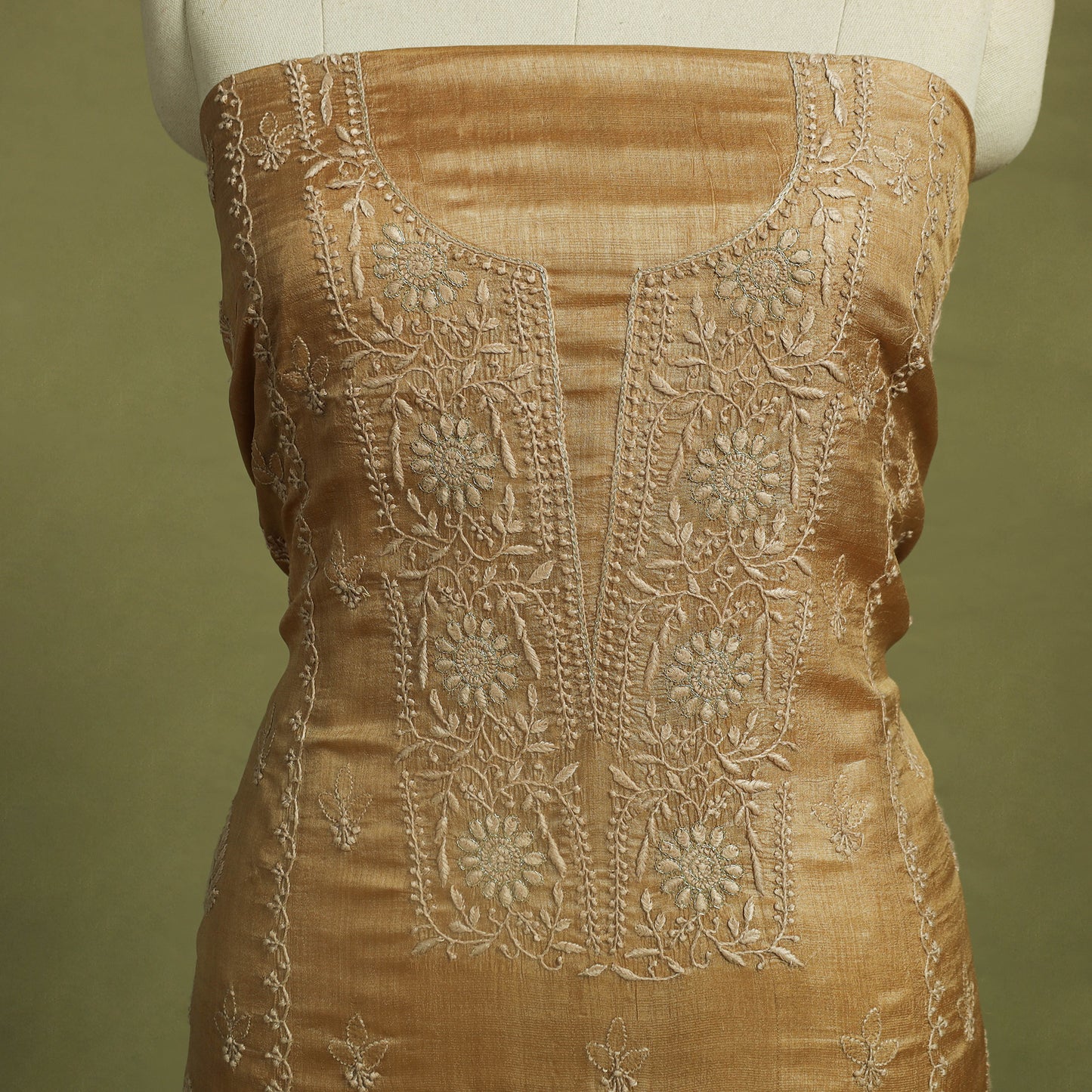 Brown Hand Embroidery Tussar Silk Chikankari Kurta Material