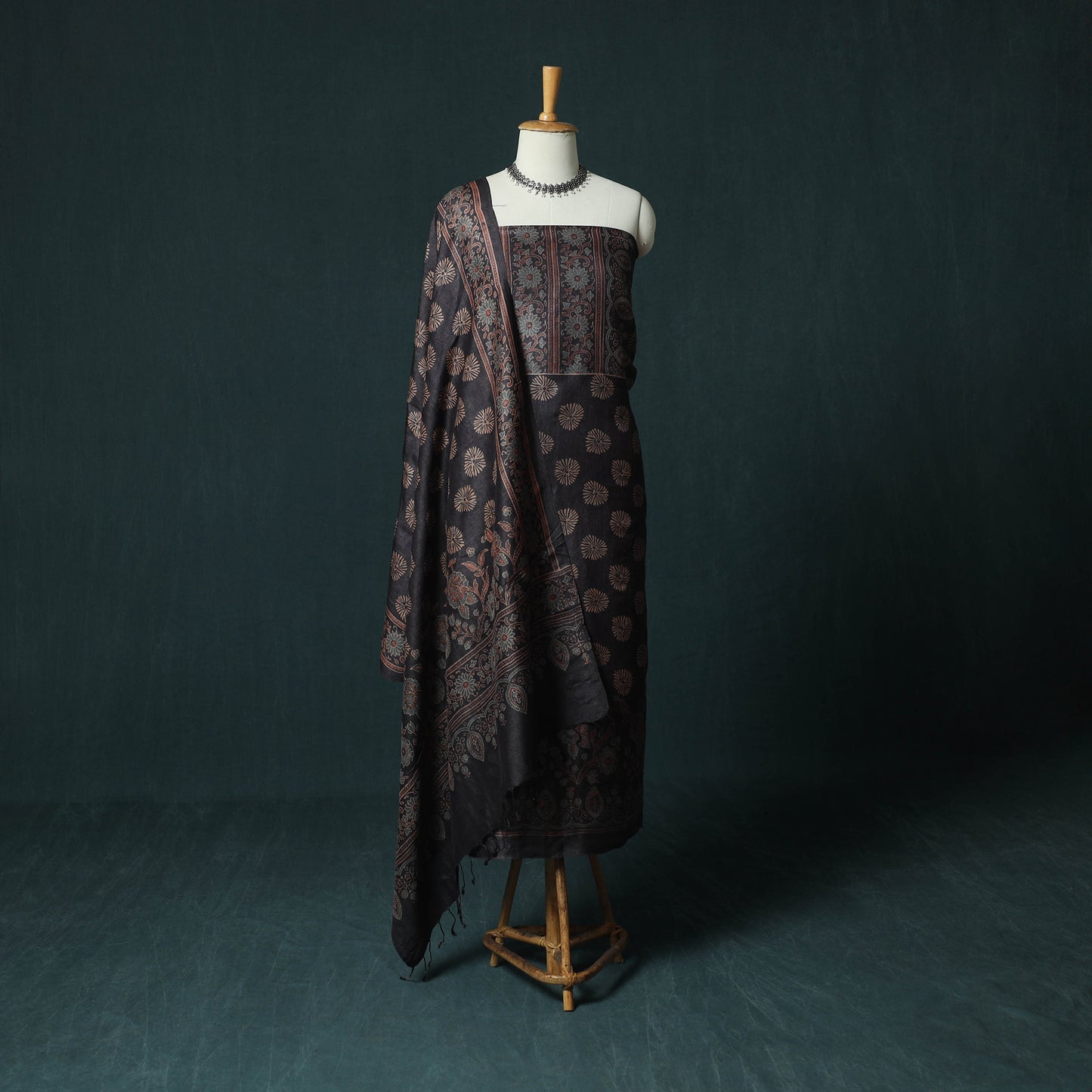 Black - 2pc Ajrakh Hand Block Print Handloom Tussar Silk Natural Dyed Unstitched Dress Material Kurta Set 05