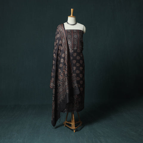 Black - 2pc Ajrakh Hand Block Print Handloom Tussar Silk Natural Dyed Unstitched Dress Material Kurta Set 05