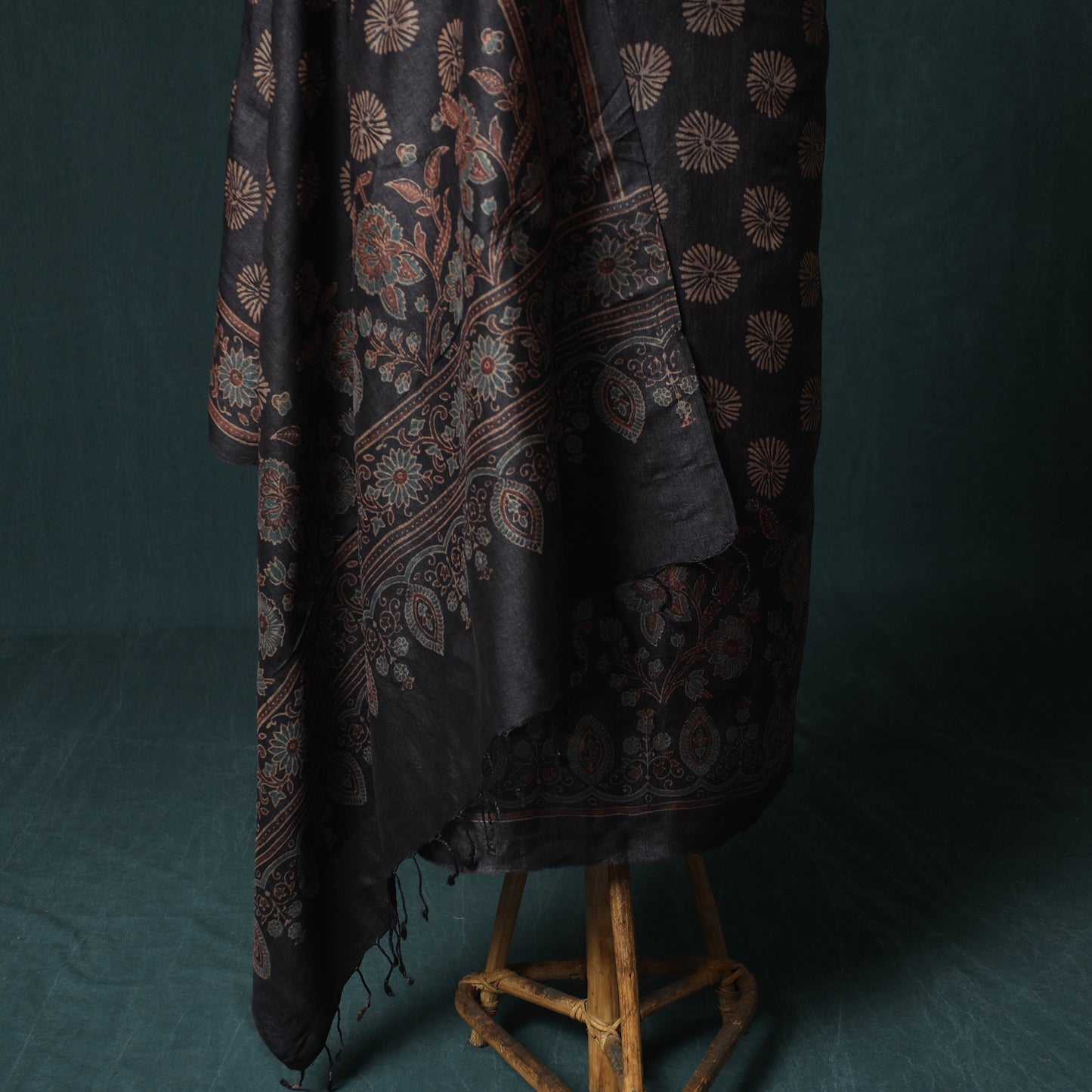 Black - 2pc Ajrakh Hand Block Print Handloom Tussar Silk Natural Dyed Unstitched Dress Material Kurta Set 05