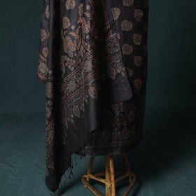 Black - 2pc Ajrakh Hand Block Print Handloom Tussar Silk Natural Dyed Unstitched Dress Material Kurta Set 05