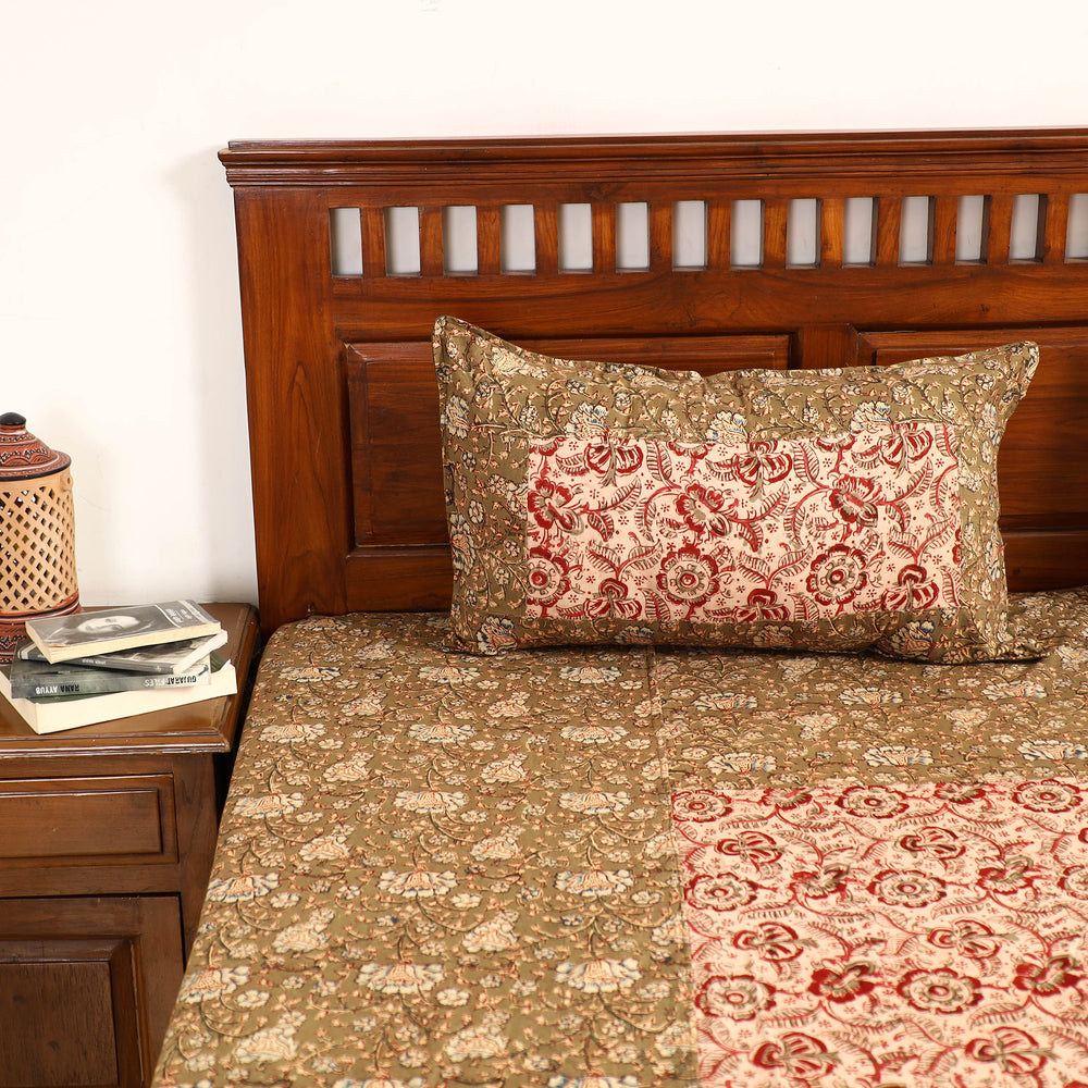 Brown - Kalamkari Block Printed Patchwork Cotton Double Bed Cover With Pillow Covers (108 x 90 in)